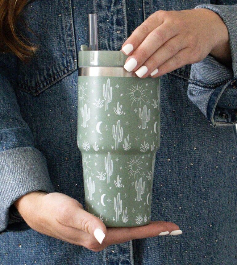 The Care Collective Cactus Print Mini Tumbler In Sage Green, 20-Oz