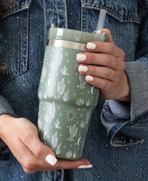 The Care Collective Cactus Print Mini Tumbler In Sage Green, 20-Oz