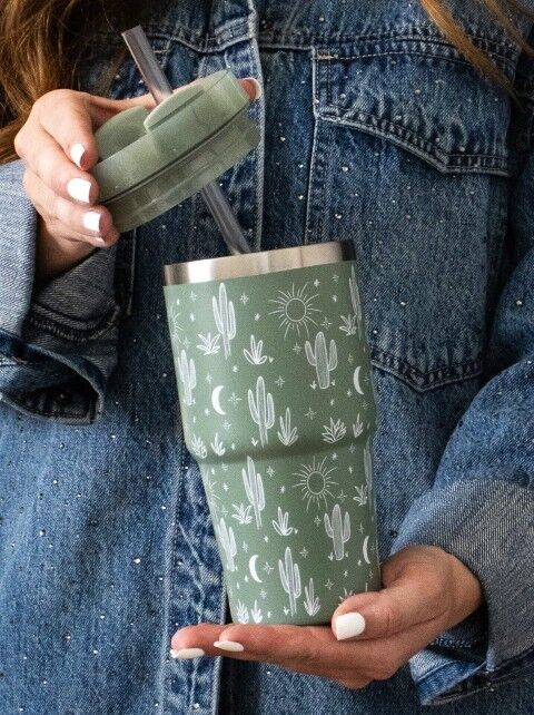 The Care Collective Cactus Print Mini Tumbler In Sage Green, 20-Oz