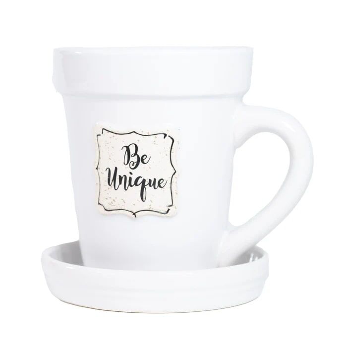 Divinity Boutique White Be Unique Flower Pot Mug With Garden Spade Spoon, 14-Oz