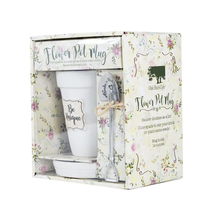 Divinity Boutique White Be Unique Flower Pot Mug With Garden Spade Spoon, 14-Oz