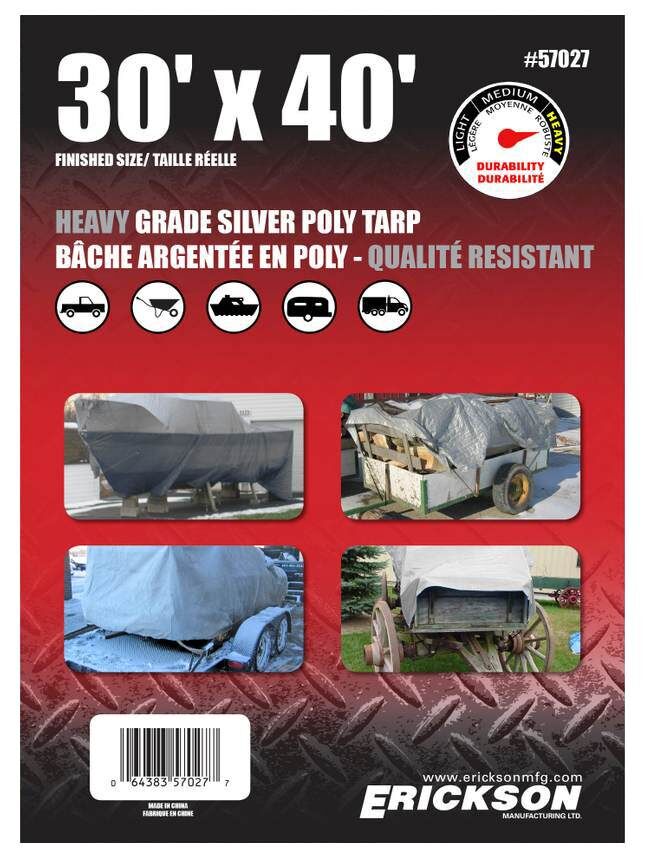 Erickson Heavy Grade Poly Tarps - Silver, 30 ft X 40 ft