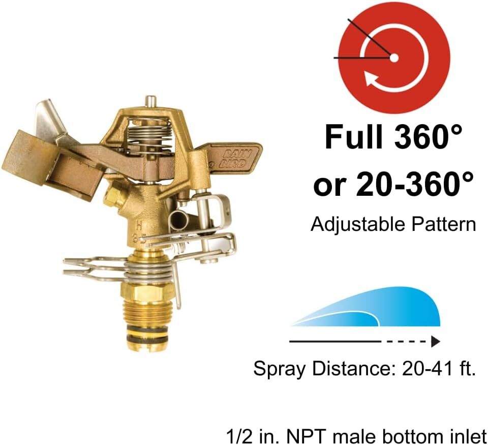 Rain Bird 1/2-In Brass 20°-360° Pattern Impact Sprinkler, 41-Ft