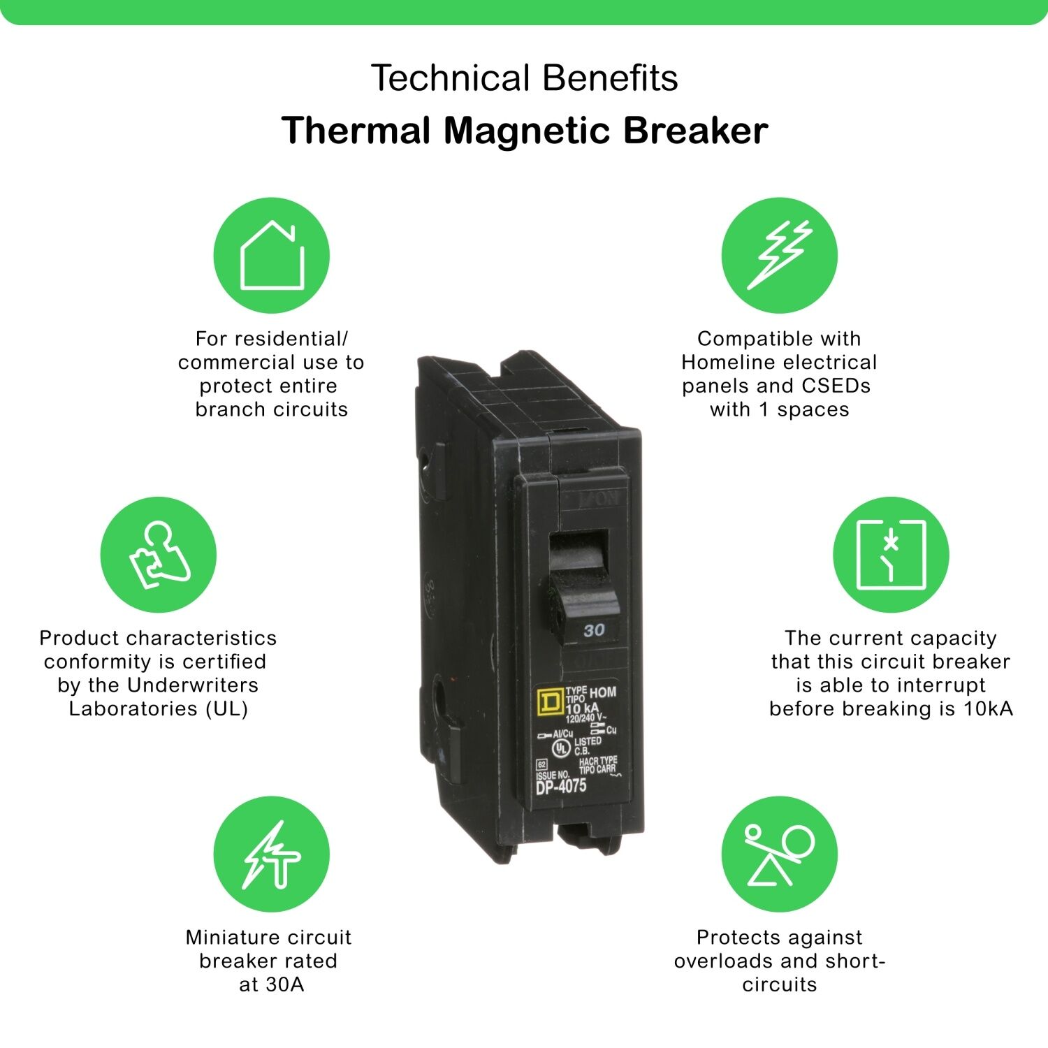 Square D Homeline Standard 1-Pole Mini circuit breaker, 30-A, 120-V / 240-V AC