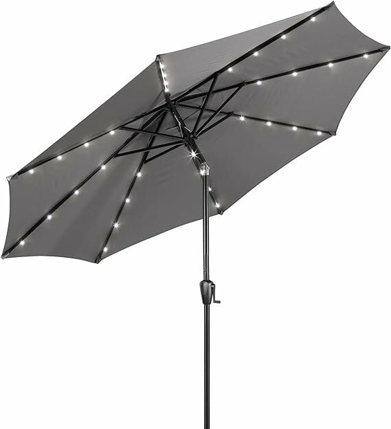 Sun-Ray 9-Ft Round Patio Umbrella With 32 Solar Powered LED Lights, Grey