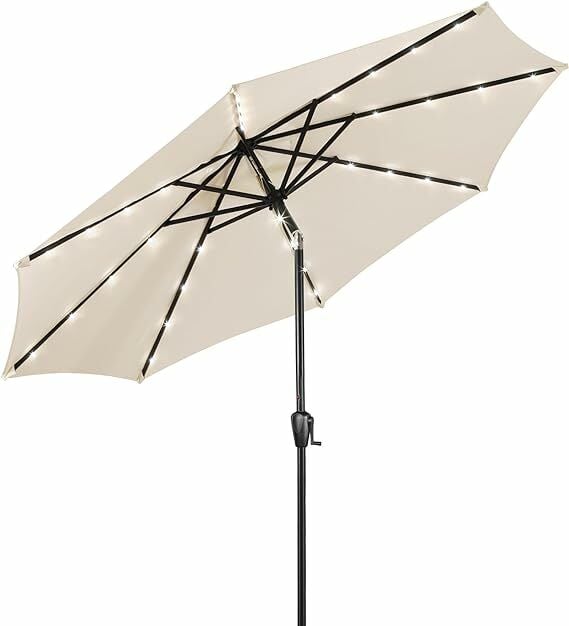 Sun-Ray 9-Ft Round Patio Umbrella With 32 Solar Powered LED Lights, Beige/White