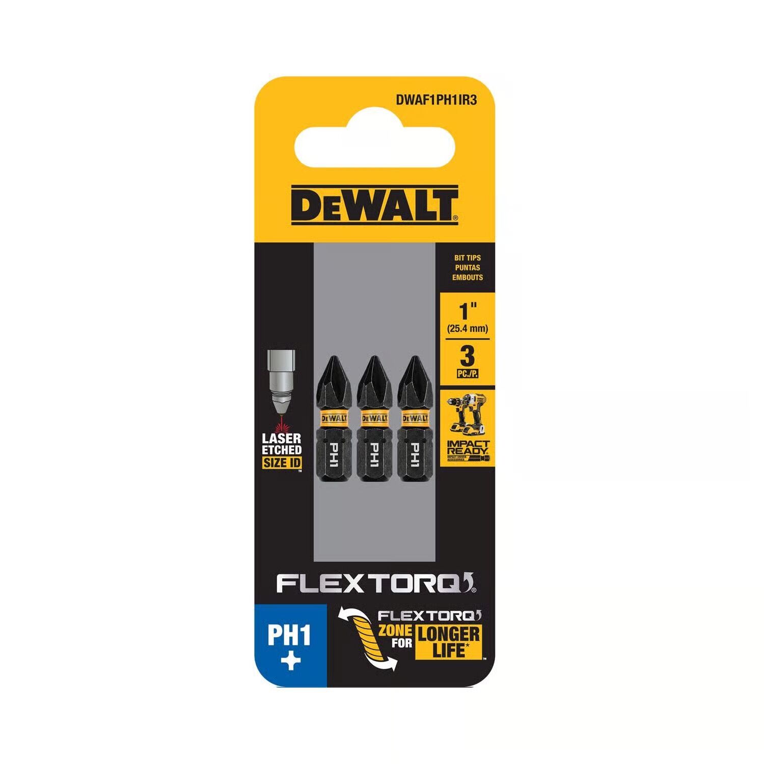 DEWALT Flextorq PH1 Impact Screwdriving Bits, 2 1/4-In, 3-Pk