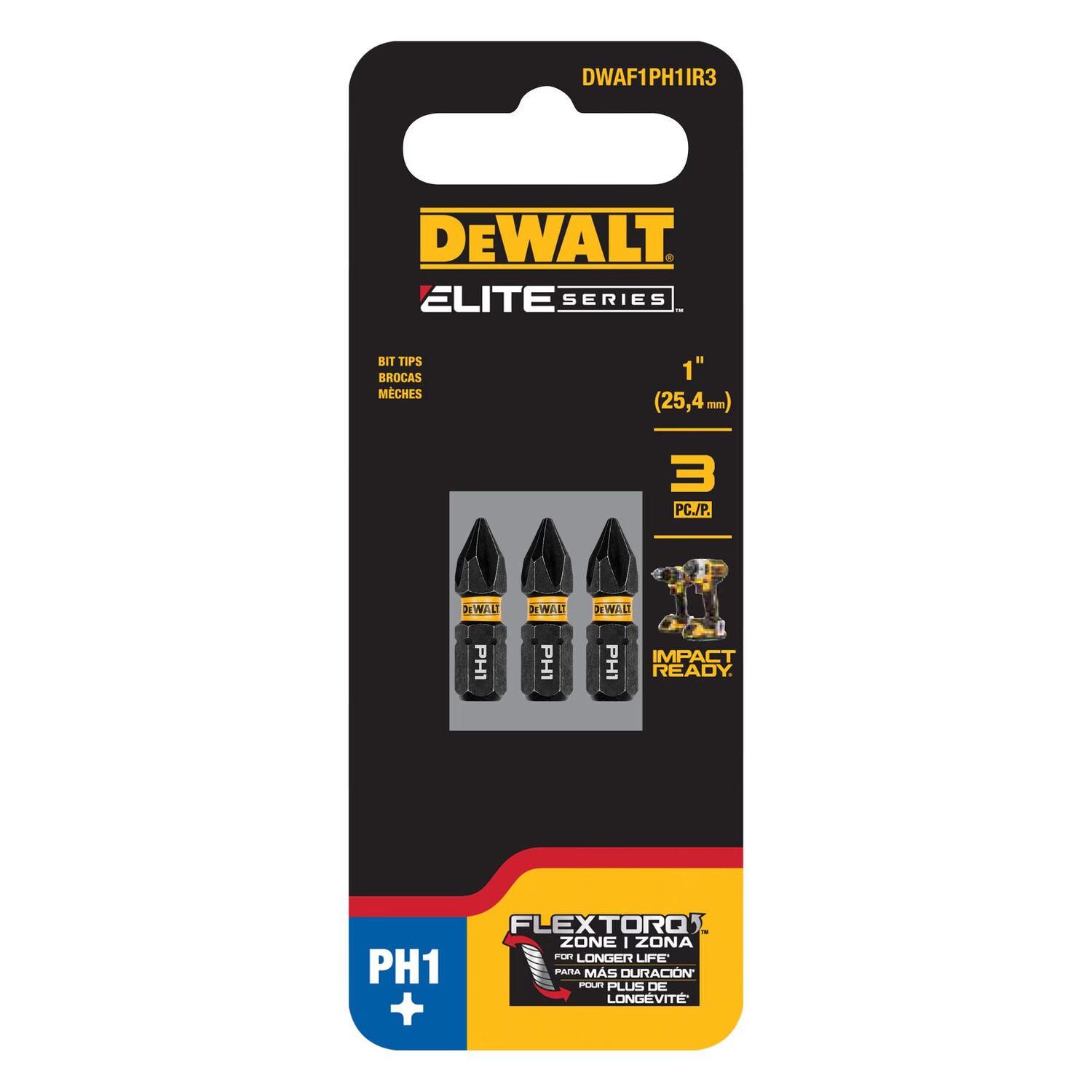 DEWALT Elite Series FlexTorq Impact Ready #1 Phillips Bit, 1-In, 3-Pk