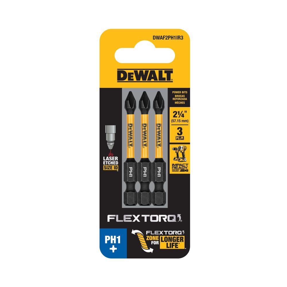 DEWALT FLEXTORQ Impact Screwdriving Bits, PH1, 2.25-In, 3-Pk