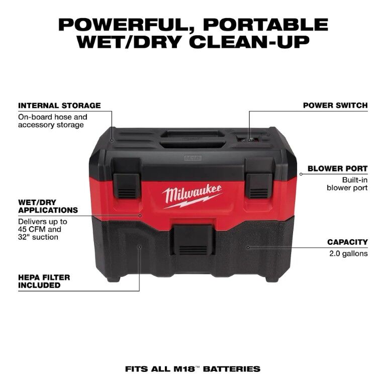 Milwaukee M18 Wet/Dry Vacuum, 2-Gal