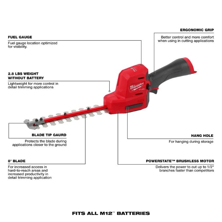 Milwaukee M12 Fuel Hedge Trimmer, 8-In (Tool Only)