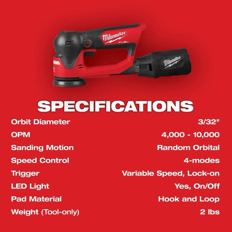 Milwaukee M12 Fuel Random Orbital Detail Sander, 3-In (Tool Only)