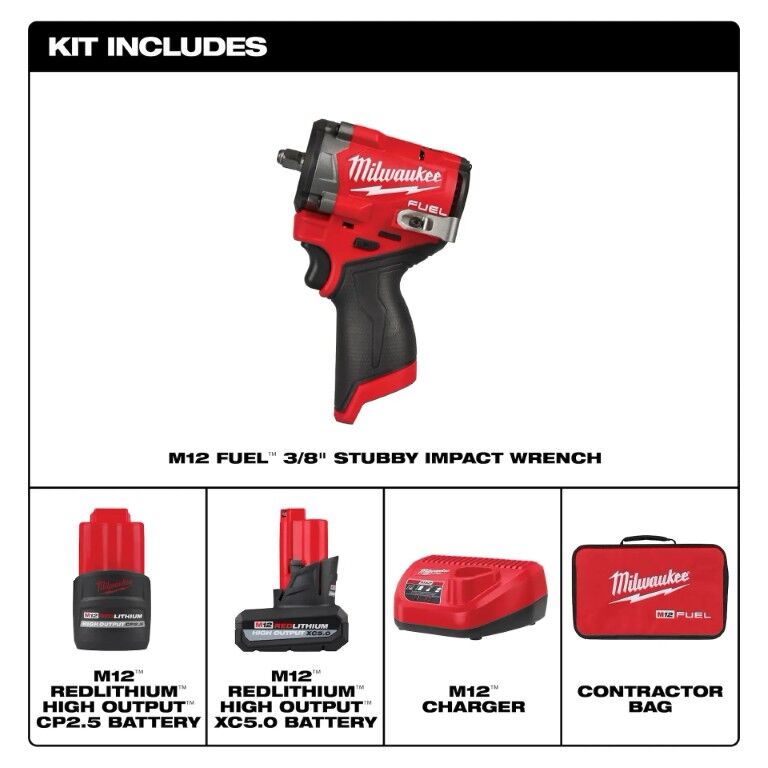 Milwaukee M12 Fuel Stubby Impact Wrench Kit, 3/8-In