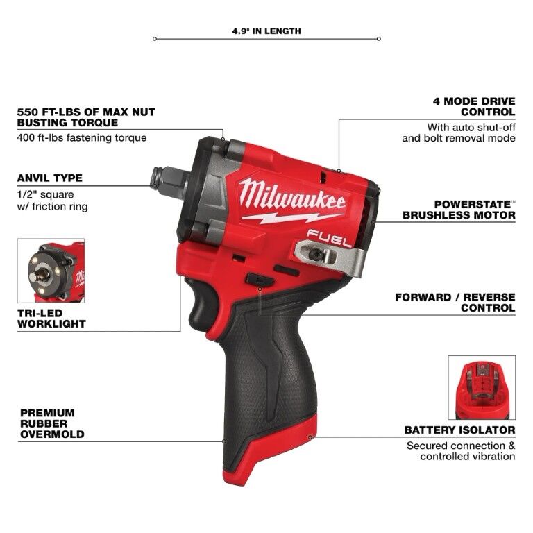 Milwaukee M12 Fuel Stubby Impact Wrench, 1/2-In (Tool Only)