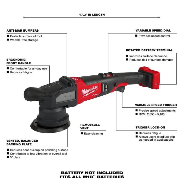 Milwaukee M18 Fuel Random Orbital Polisher, 15-mm (Tool Only)