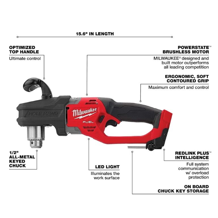 Milwaukee M18 Fuel Hole Hawg Right Angle Drill, 1/2-In