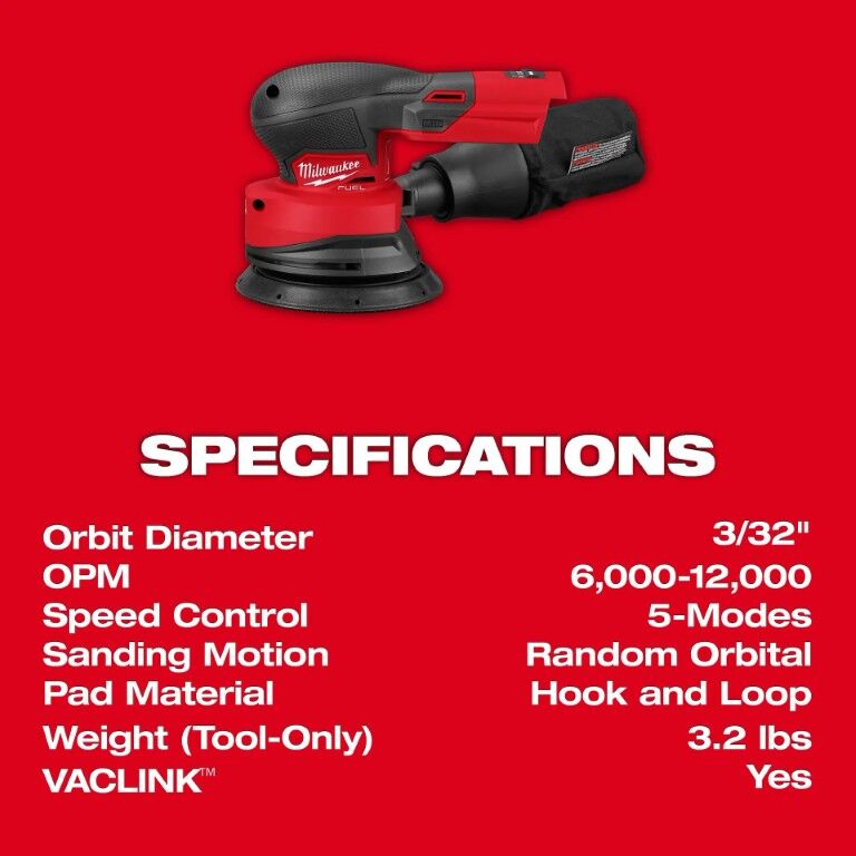 Milwaukee M18­ Fuel Random Orbital Sander, 5-In (Tool Only)