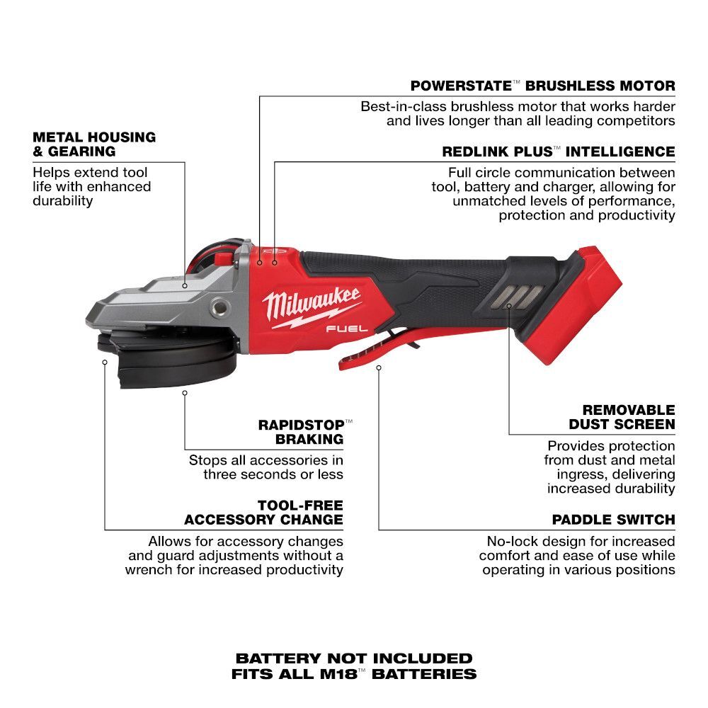 Milwaukee M18 FUEL 5-In Flathead Braking Grinder, Paddle Switch No-Lock