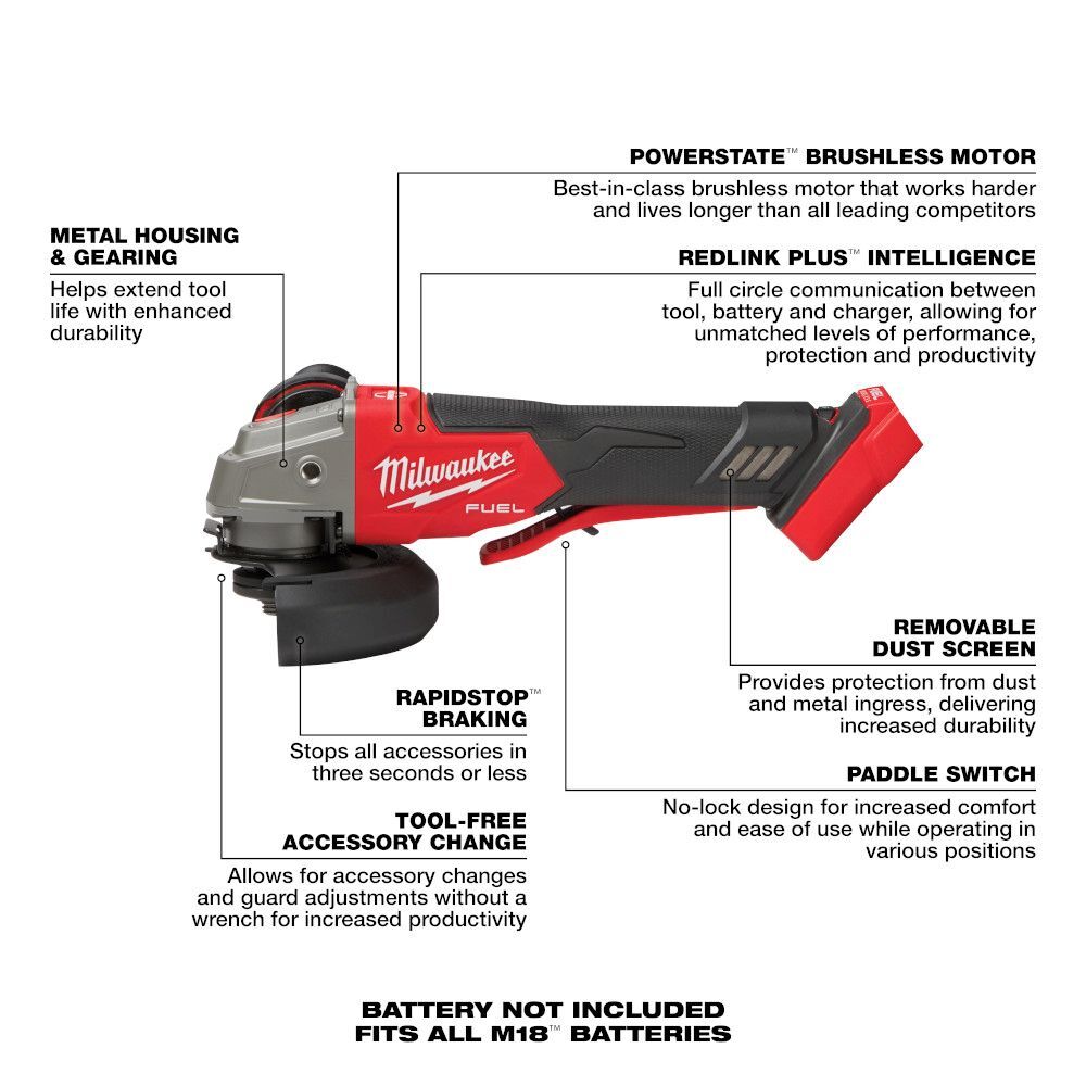 Milwaukee M18 FUEL 4-1/2-In - 5-In Variable Speed Braking Grinder, Paddle Switch No-Lock