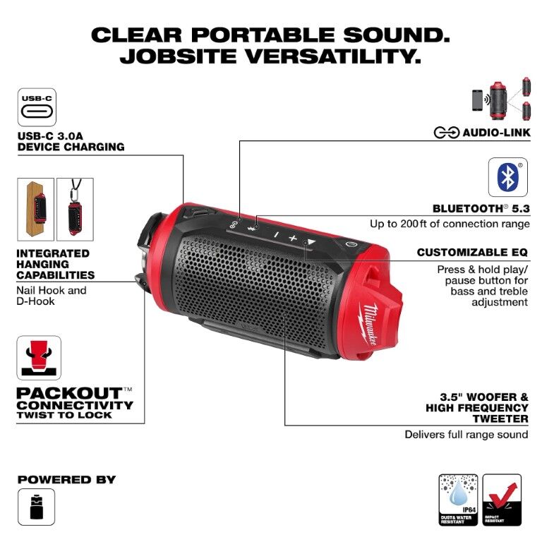 Milwaukee M12 Packout Jobsite Bluetooth Speaker (Tool Only)
