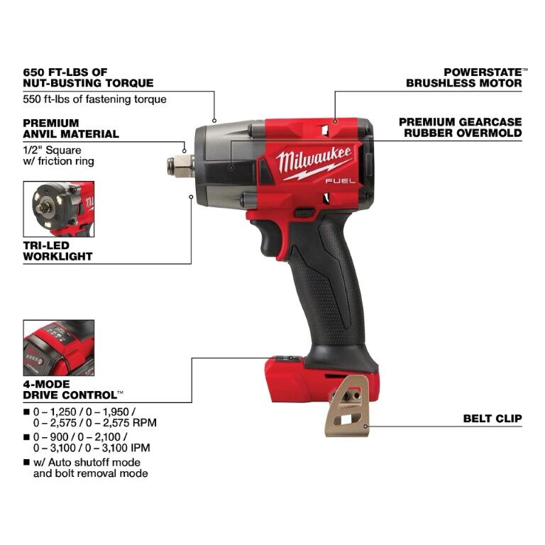 Milwaukee M18 Fuel Mid-Torque Impact Wrench With Friction Ring, 1/2-In (Tool Only)