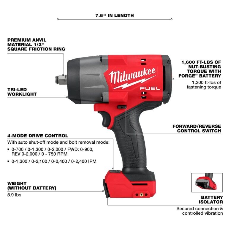 Milwaukee M18 Fuel High Torque Impact Wrench With Friction Ring, 1/2-In (Tool Only)