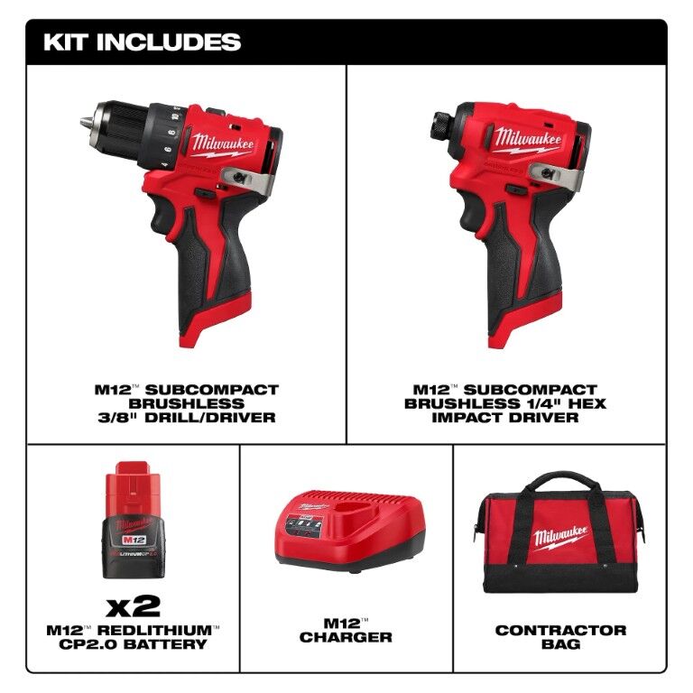 Milwaukee M12 Subcompact Brushless Drill Driver & Impact Driver 2-Tool Combo Kit