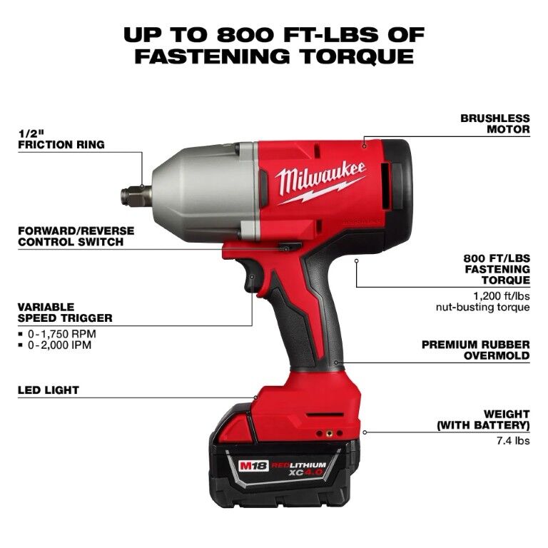 Milwaukee M18 Fuel High Torque Impact Wrench With Friction Ring Kit, 1/2-In