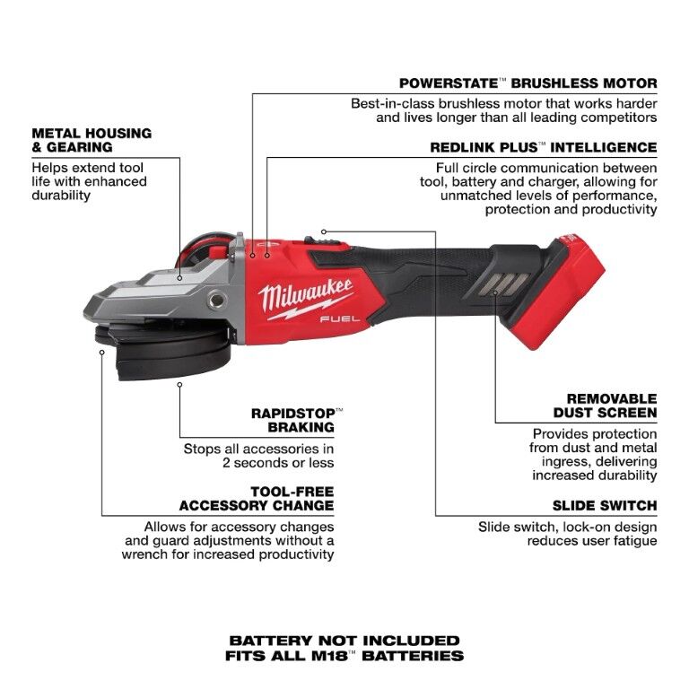 Milwaukee M18 Fuel Lock-On Slide Switch Flathead Braking Angle Grinder, 5-In (Tool Only)
