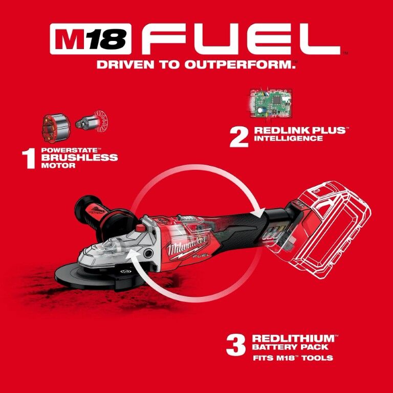 Milwaukee M18 Fuel Lock-On Slide Switch Flathead Braking Angle Grinder, 5-In (Tool Only)