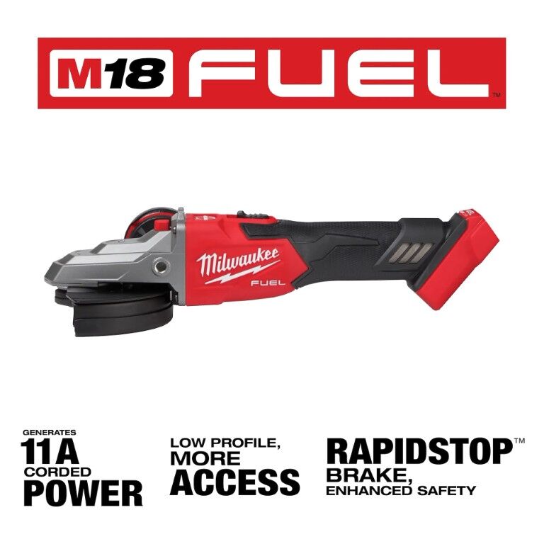 Milwaukee M18 Fuel Lock-On Slide Switch Flathead Braking Angle Grinder, 5-In (Tool Only)