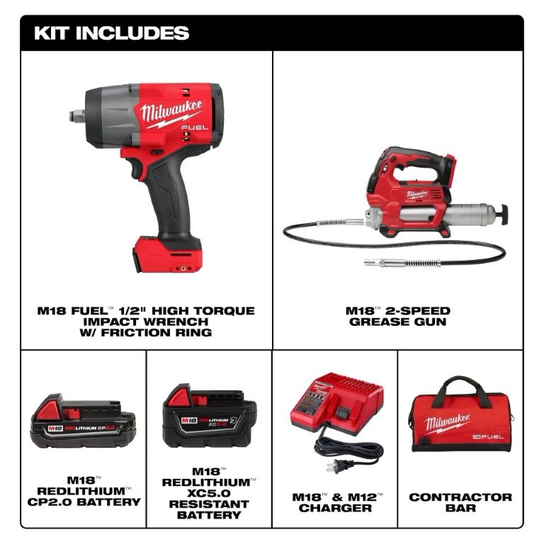 Milwaukee M18 Fuel High Torque Impact Wrench & Grease Gun 2-Tool Combo Kit