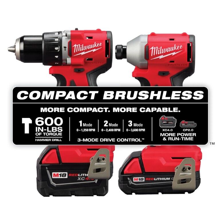Milwaukee M18 Compact Brushless Hammer Drill Driver & Impact Driver 2-Tool Battery Combo Kit