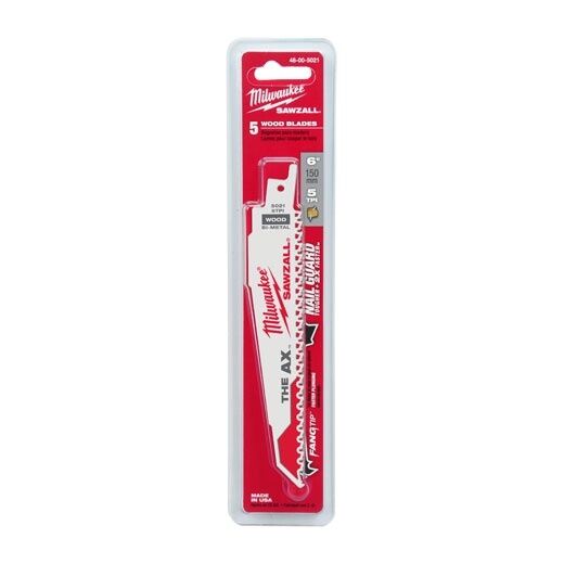 Milwaukee Sawzall The AX Nail Embedded Wood Blade, 5 TPI, 6-In, 5-Pk