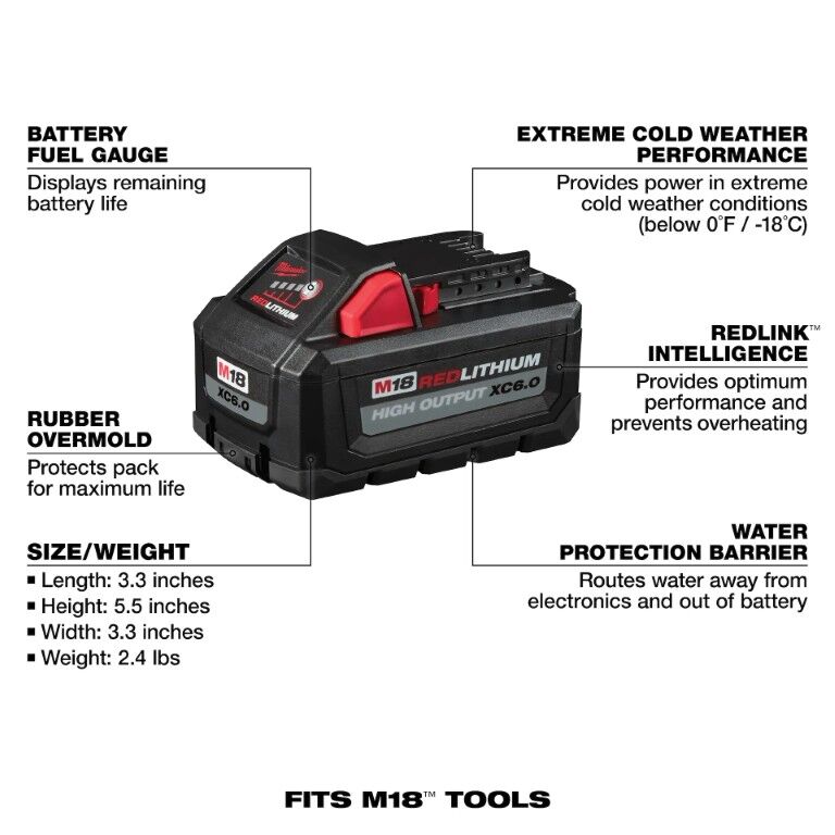 Milwaukee M18 RedLithium High Output XC6.0 Battery 6-Ah, 2-Pk