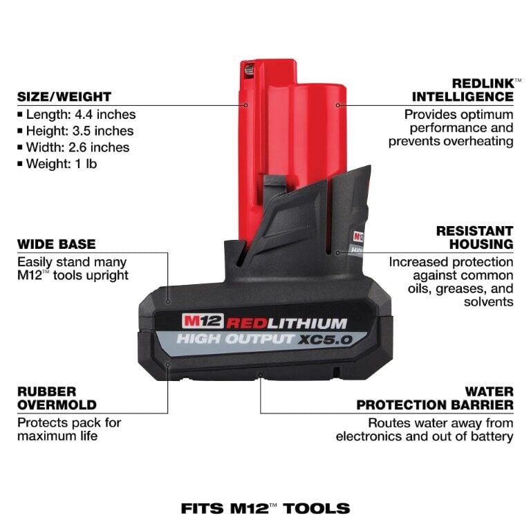 Milwaukee M12 RedLithium High Output XC5.0 Battery, 5-Ah