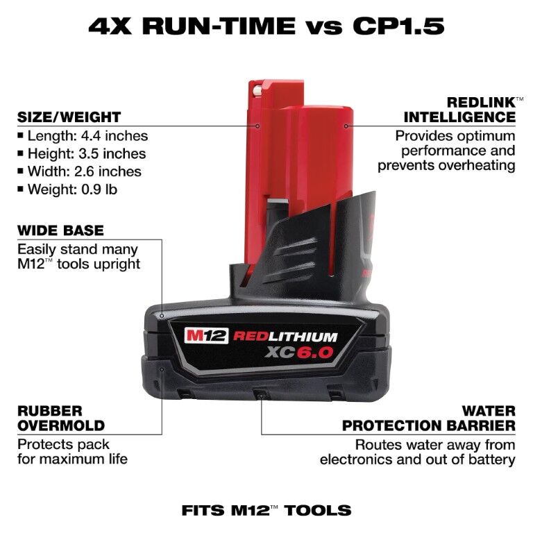 Milwaukee M12 RedLithium XC6.0 Battery, 6-Ah