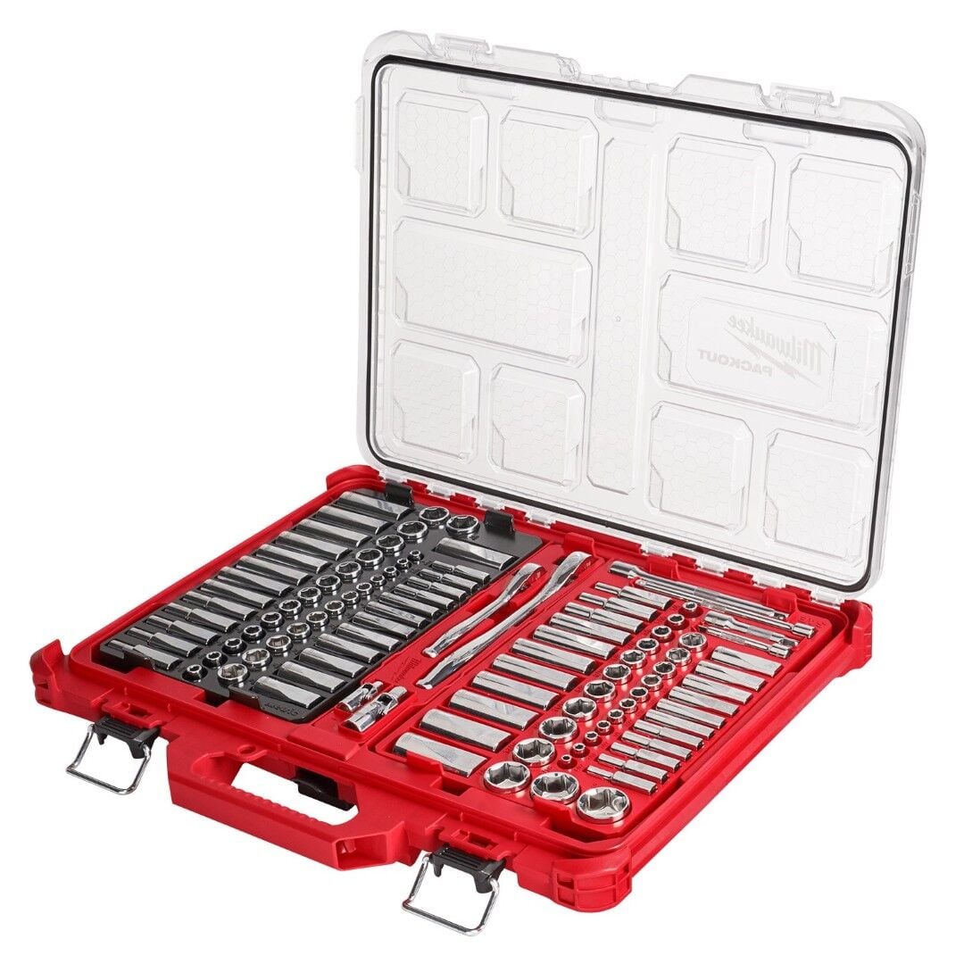Milwaukee 1/4" & 3/8" Metric & SAE Ratchet & Socket Set with PACKOUT Low-Profile Organizer, 106 pc.