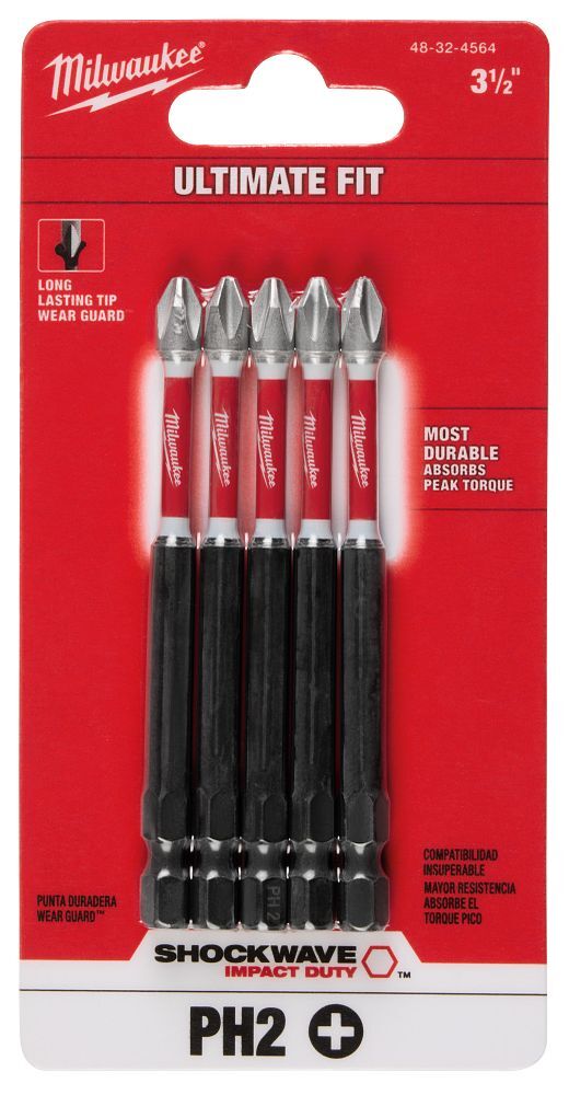 Milwaukee Shockwave Impact #2 Phillips Bit, 3 1/2-In, 5-Pc