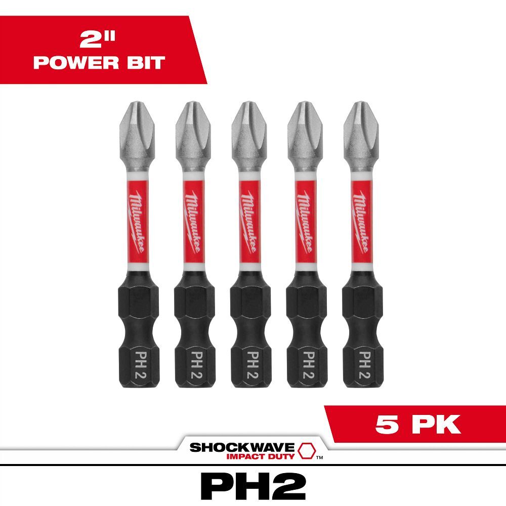 Milwaukee Shockwave Impact #2 Phillips Bit, 2-In, 5-Pc