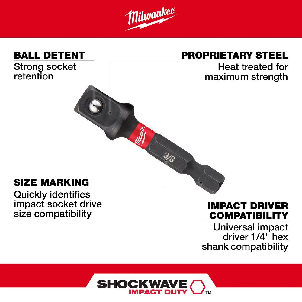 Milwaukee Impact Duty Shank To Socket Adapter Bit, 1/4-In Hex x 3/8-In Drive