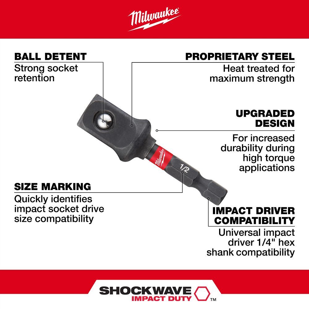 Milwaukee Impact Duty Shank To Socket Adapter Bit, 1/4-In Hex x 1/2-In Drive