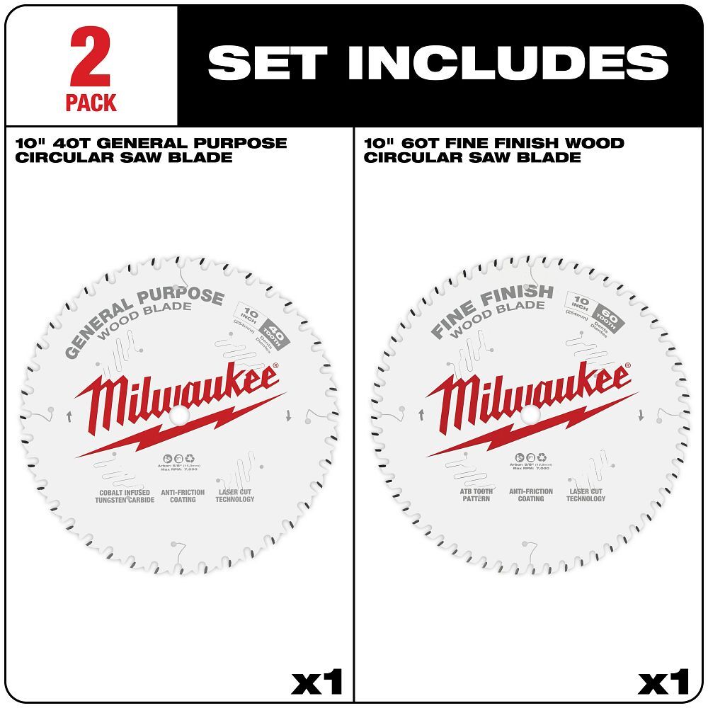 Milwaukee Wood Cutting Circular Saw Blades, 40T & 60T, 10-In, 2-Pk