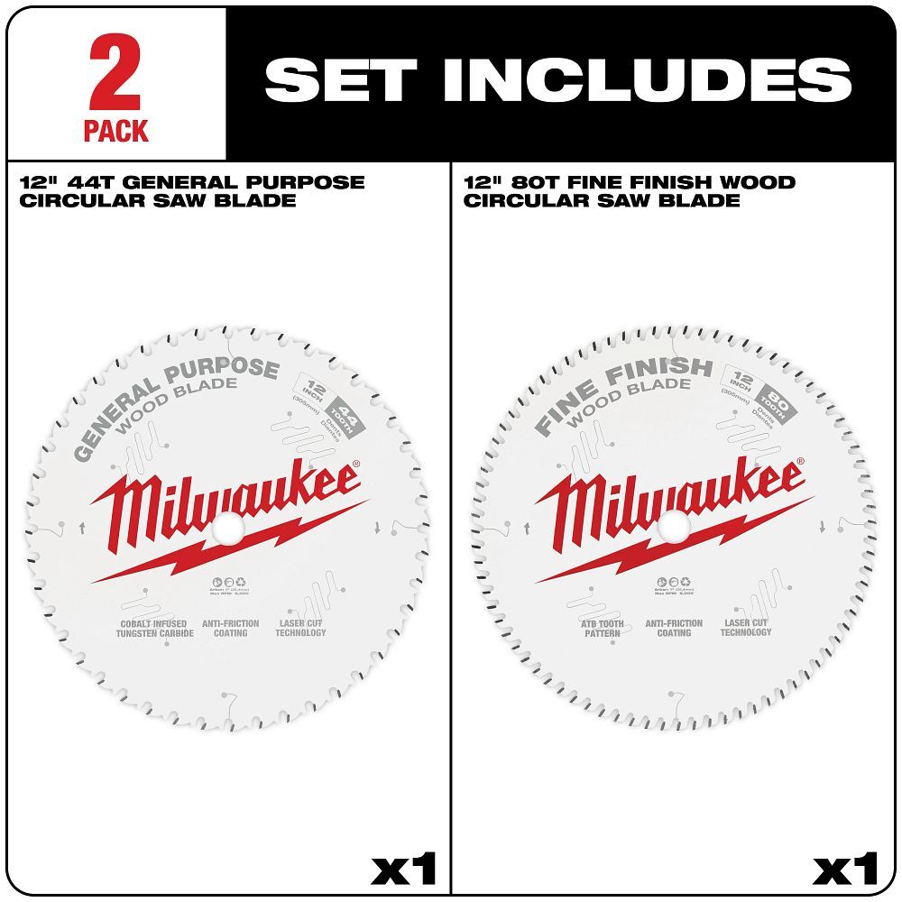 Milwaukee Wood Cutting Circular Saw Blades, 44T & 80T, 12-In, 2-Pk
