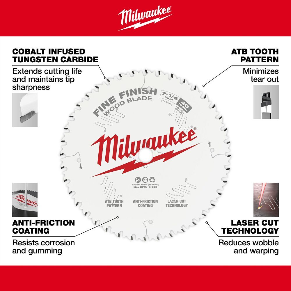 Milwaukee Fine Finish Circular Saw Blade, 40T, 7 1/4-In