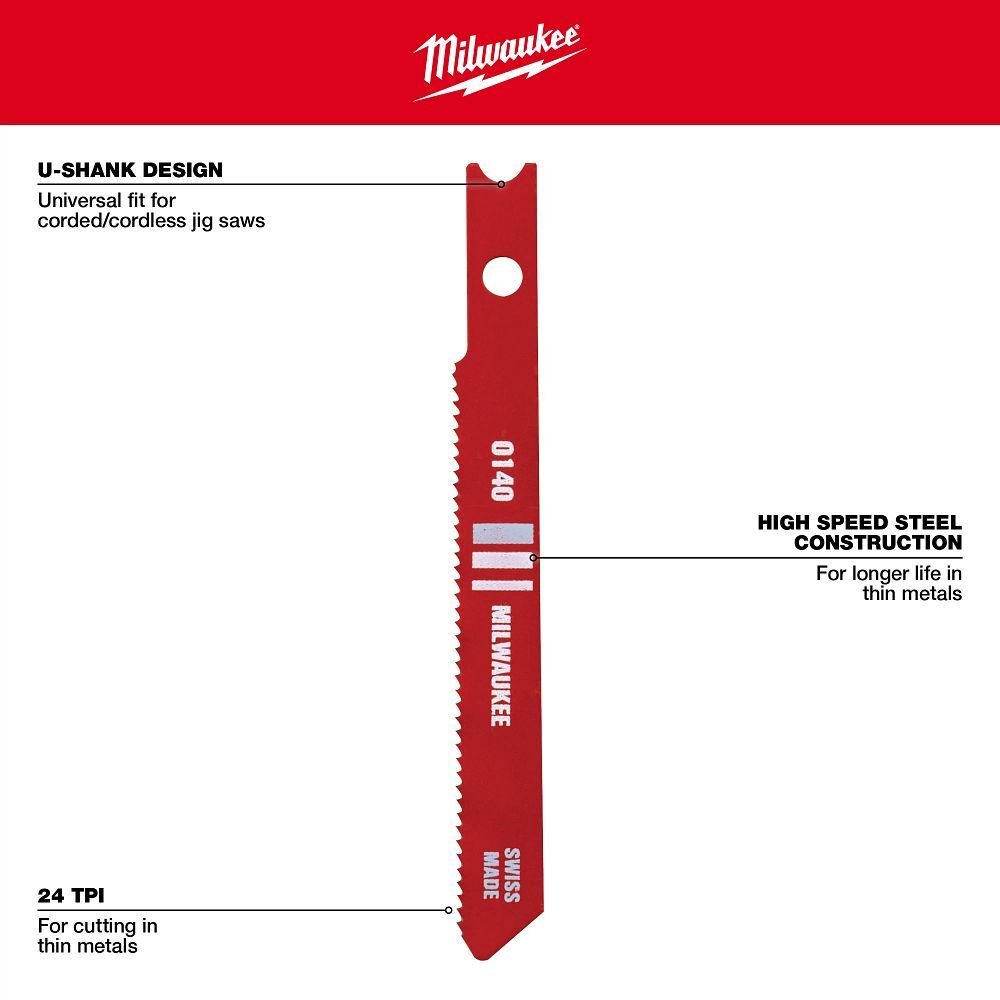 Milwaukee Metal Cutting U-Shank Jig Saw Blade, 24 TPI, 2 3/4-In, 5-Pk
