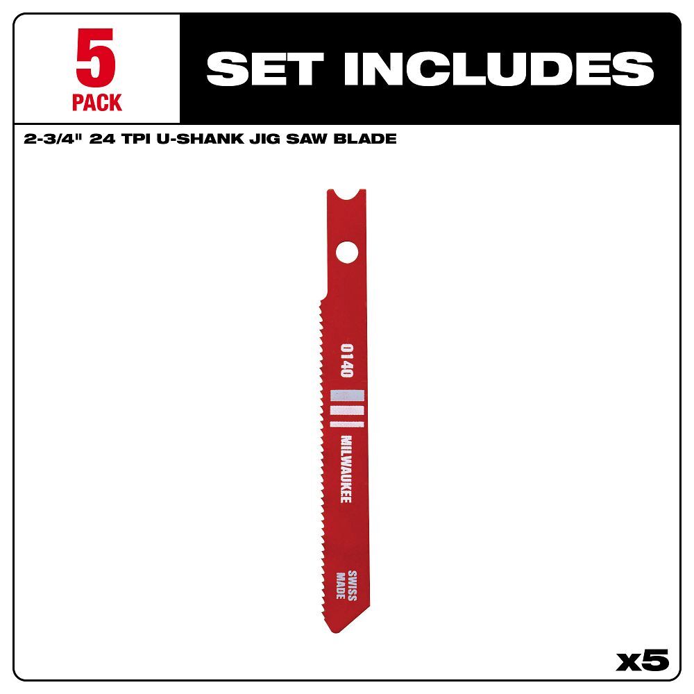 Milwaukee Metal Cutting U-Shank Jig Saw Blade, 24 TPI, 2 3/4-In, 5-Pk