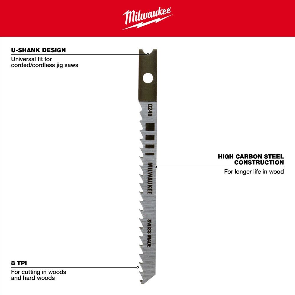 Milwaukee Wood U-Shank Jig Saw Blade, 8 TPI, 3 1/8-In, 5-Pk