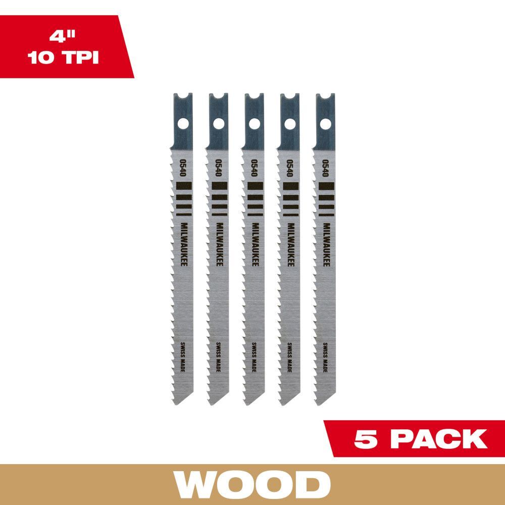 Milwaukee 4-In 10-TPI T-Shank Wood High Carbon Steel Jig Saw Blades, 5-Pk
