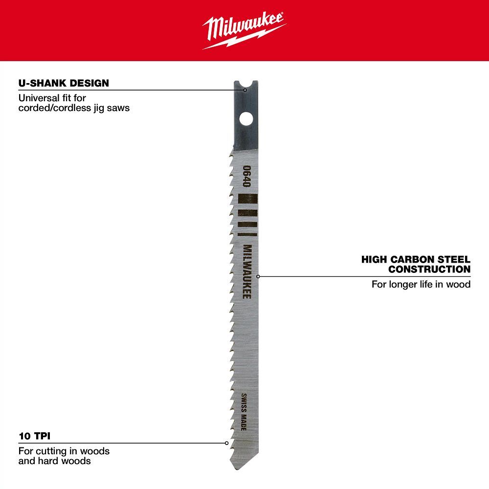Milwaukee Wood U-Shank Jig Saw Blade, 10 TPI, 4-In, 5-Pk